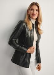 Women's fitted leather jacket KURDS-0424-5491(KS), front view of the product on the model. Half of the silhouette visible.