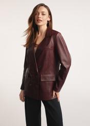 Burgundy women's leather jacket KURDS-0556-2869(Z25), front view of the product on the model, half of the silhouette visible.