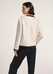 Cream short women's jacket with wool FUTDW-0037-12(Z25) - product view from the back on the model on a white background. Visible silhouette to the knee.
