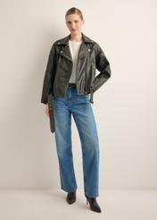 Women's leather biker jacket KURDS-0605-99(W26), front view of the product on a model. Full body visible.