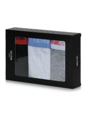 Three-pack of colorful men's briefs ZESMS-0002-00(W26), view of the product in the packaging on a white background.