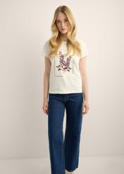 Cream-colored cotton women's T-shirt with print, model number TSHDT-0164-0B(Z26). Front view of the product on a model. Full silhouette visible. 