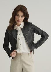 Women's waisted black leather jacket KURDS-0295-5491(W22)-01