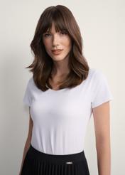White women's basic T-shirt TSHDT-0111-11(KS), front view of the product on the model. Half of the silhouette visible.