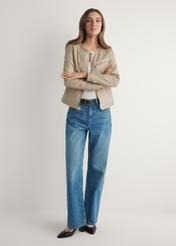 Beige women's genuine leather jacket KURDS-0154-1B(W26), front view of the product on the model. Full body visible.