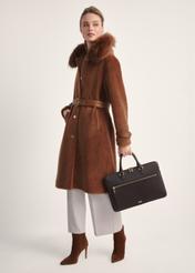 Women's chocolate brown briefcase TORES-1202-89(Z25) - front view of the product on a model against a white background. Full body visible.