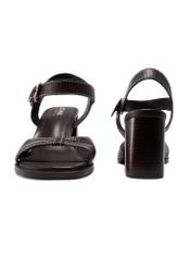 Dark brown leather block heel sandals BUTYD-1232-1I(W26), front and back product view on white background.