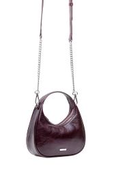 Small burgundy leather hobo bag TORES-1174-49(Z25), product view on chain on white background.
