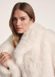 Cream short women's fur coat FUTDP-0077-12(Z25), close-up of the product on a model against a light background.