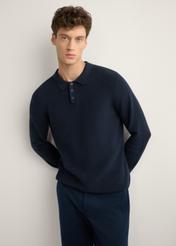 Navy blue cotton men's sweater SWEMT-0188-7E(W26), front product view on model. Half silhouette visible.