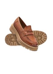 Women's brown leather moccasins BUTYD-1187-87(Z25), diagonal view of the product and the sole on a white background.
