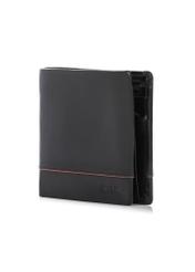 Black small leather men's wallet PORMS-0696-9J(W26), diagonal product view on white background.