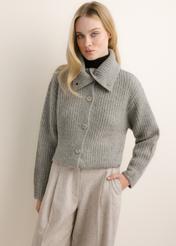 Grey women's turtleneck cardigan KARDT-0068-9B(Z26), front view on a model. Half-body shot.