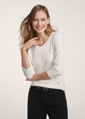 Cream women's V-neck blouse LSLDT-0036-0B(W26) - front view of the product, on a model, on a light background, half of the silhouette visible.