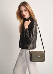 Small women's khaki handbag TOREC-0830B-55(Z25), front view of the product on the model's shoulder. Half of the silhouette visible.