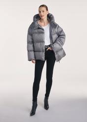 Gray women's down jacket KURDT-0585-91(Z25), front view of the product on the model, the whole silhouette is visible.