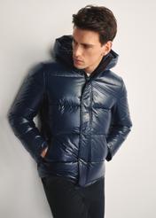 Men's navy blue quilted hooded jacket KURMT-0340-69(Z25), front product view on model. Half silhouette visible.