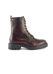 Burgundy women's croco ankle boots BUTYD-1192-4E(Z26), side product view on white background.