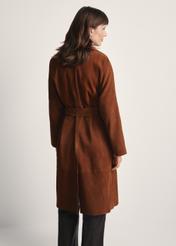 Women's brown oversized suede coat KURDS-0551-0775(Z25), back view of the product on the model. Half of the silhouette visible.