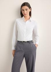 Women's white cotton shirt KOSDT-0190-0A(Z26), front view of the product on the model, half of the silhouette visible.