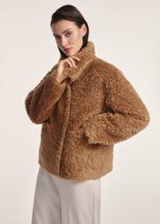 Women's brown fur coat FUTDP-0021B-89(Z25), front view of the product on a model. Half of the silhouette visible.