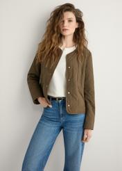 Women's brown quilted jacket KURDT-0620-1H(W26), front view of the product on the model. Half of the silhouette visible.