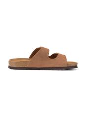 Women's leather camel flip-flops BUTYD-1158-1D(W26), side view of the product on a white background.