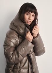 Women's long quilted jacket KURDT-0609-82(Z25), close-up of the jacket on the model. Half of the silhouette visible.