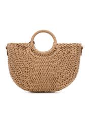 Semi-circular beige woven handbag TOREC-0940-1E(W26), back view of the product on a white background.