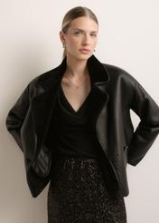 Women's black leather sheepskin coat KOZDS-0105-99(Z26), front view of the product on a model. Half of the silhouette visible.