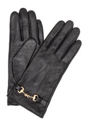 Women's black leather gloves with buckle REKDS-0087-99(Z25), front product view on white background.