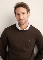 Men's brown cotton sweater SWEMT-0114A-1I(Z26), front product view on model. Half silhouette visible.