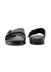 Black leather women's flip-flops BUTYD-1269-99(W26), front and back product view on white background.
