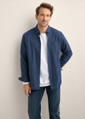 Men's navy blue cotton shirt KOSMT-0363-7E(Z26), front view of the product on the model. Half of the silhouette visible.