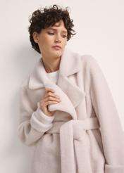 Long woolen fur coat in cream color FUTDW-0019A-12(Z25) - close-up of the product from the front on a white background. Half of the silhouette visible.
