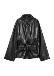 Black women's leather jacket with ties KURDS-0547-2861(Z25), product view from the front on a white background.