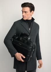 Black leather men's bag TORMS-0483-99(Z25) - front product view, modeled on white background. Half silhouette visible.