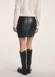 Black leather mini skirt SPCDS-0079-3206(Z25) - product view from the back on a model on a white background. Half of the silhouette visible.