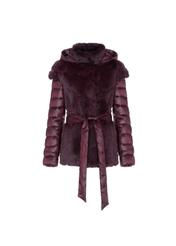 Bordowe futro damskie z kapturem naturalne FUTDT-0023-5513(Z20)-02