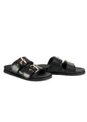 Black women's leather flip-flops BUTYD-1161-99(W25), product visible diagonally on a white background.