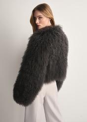 Gray short natural fur FUTDF-0104-3178(Z25) - side view of the product on a model on a white background. Half of the silhouette visible.