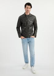 Dark brown men's leather jacket KURMS-0326-1364(W25) - front view on model on white background. Full silhouette visible.