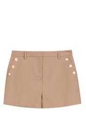 Women's elegant camel shorts SZODT-0018-1D(W26), front product view, on a white background.