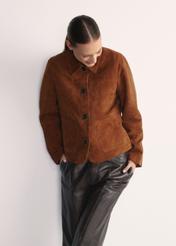 Brown suede women's jacket KURDS-0562-0775(Z25) - front product view on white background. Half of the silhouette visible.