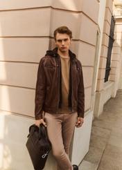 Brown men's leather jacket with hood KURMS-0385-2875(Z25)