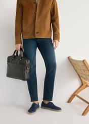 Navy blue men's leather shoes BUTYM-0533-7E(W26), product view on model's feet, on light background.