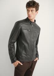 Men's dark brown leather jacket KURMS-0326-1I(W26), front product view on model. Half silhouette visible.