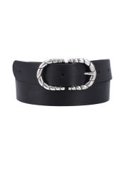 Black leather belt with decorative buckle PASDS-0354-99(Z26), front product view on white background.