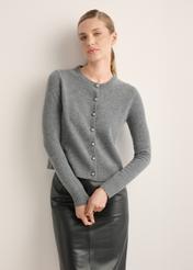 Gray woolen women's cardigan KARDT-0058-9D(Z26), front view of the product on the model, half of the silhouette visible.