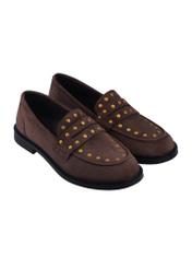 Dark brown suede women's moccasins BUTYD-1329-1I(Z26), diagonal product view on white background.